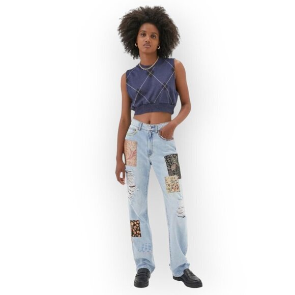 BDG Urban Outfitters High‑Waist Patchwork Cowboy Jeans 25 Boho Statement Denim - Picture 2 of 16